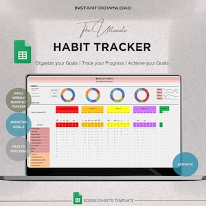 Habit Tracker Spreadsheet Template for Google Sheets, Productivity Planner Spreadsheet, Daily Habit Tracker for ADHD, Goal Tracker
