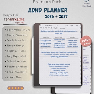 May include: A digital ADHD planner for reMarkable Paper Pro, covering 2026 and 2027. The planner features 1500+ pages, daily, weekly, monthly, and yearly sections, finance management, health and fitness tracking, and business meeting logs with hyperlinks.