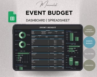 Könnte beinhalten: Eine Google Sheets-Vorlage im Dunkelmodus für ein Event-Budget-Dashboard. Die Vorlage enthält Diagramme, Grafiken und Tabellen, um Ausgaben, Einnahmen und Budgetvergleiche zu verfolgen. Der Text "EVENT BUDGET" wird oben auf der Vorlage angezeigt.