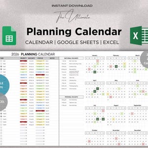 Planning Calendar 2026–2027 | Yearly Planner with Tasks | Editable Planning Spreadsheet | Google Sheets & Excel