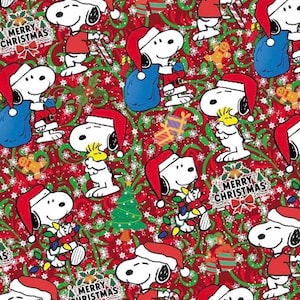 May include: Red wrapping paper featuring a repeating pattern of Snoopy wearing a Santa hat, holding candy canes, carrying blue gift sacks, or tangled in colourful Christmas lights. The design includes green holly, snowflakes, and Merry Christmas text.