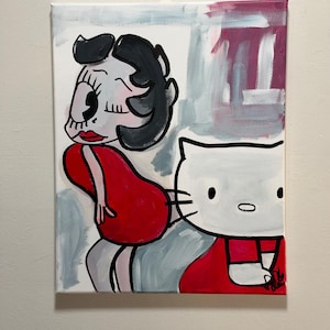 Betty Boop & Hello Kitty Pop Art Schilderij – 16x20 cm, handgeschilderd acryl op gespannen canvas