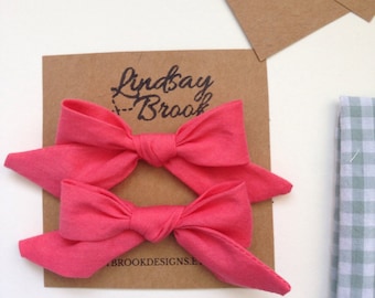 Schoolgirl bows, Little Girl bows, Fabric Bows, coral pink hair bows, Pigtail bows, fabric Hair Bow, Hand tied bow, coral hair bows,