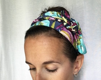 Lilac Floral Hair Scarf - Turquoise Headband - Teal head scarf - Cotton Headband