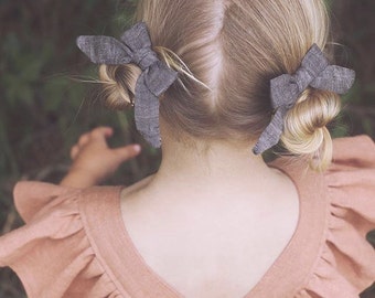 Grey Fabric Bows - Linen Hair Bows - Pigtail bows - Hand tied bow - Grey hair bows