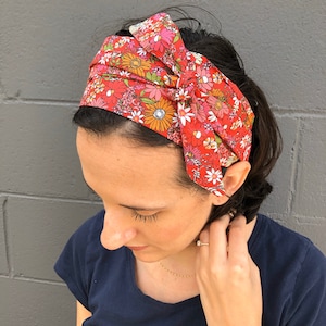 Red Flower Hair Scarf - Pink Daisy Head Wrap - Soft Cotton Hair Tie - Floral Print Women's Scarves