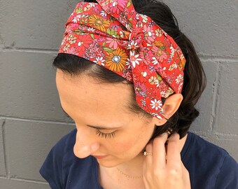 Red Flower Hair Scarf - Pink Daisy Head Wrap - Soft Cotton Hair Tie - Floral Print Women's Scarves