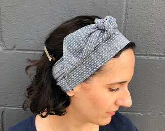 Chambray Headband - Polka Dot Headband - Polka Dot Hairband - Polka Dot Turban Wrap - Womens Headband - Cotton Head Scarf - Grey Hair Scarf