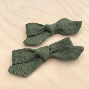 Olive green bows green linen bow linen hair bow image 2