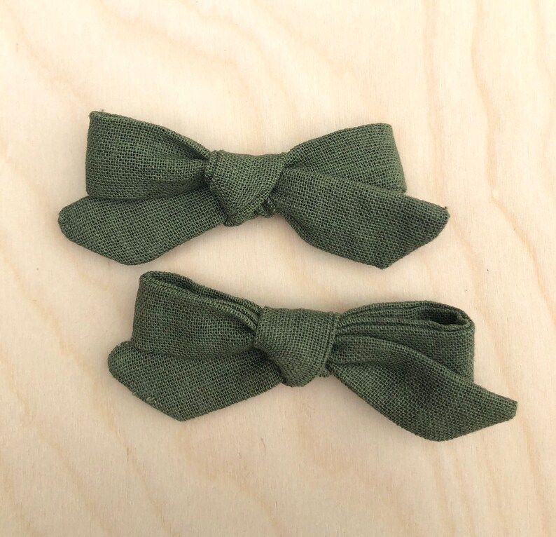 Olive green bows green linen bow linen hair bow image 1