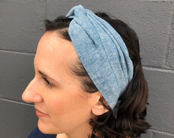 Blue Linen Hair Scarf - Chambray Linen