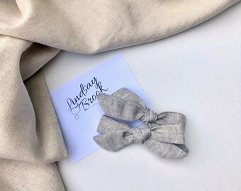 Natural Linen Hair Bow - Hand Tied Linen Bow - Little Girl Bow