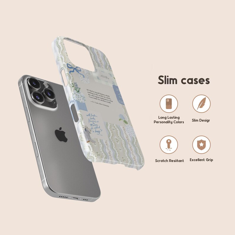May include: A phone case with a floral and text pattern. The case is designed to fit a smartphone. The case is shown next to a silver phone. The case is described as slim, long-lasting, scratch-resistant, and having an excellent grip.
