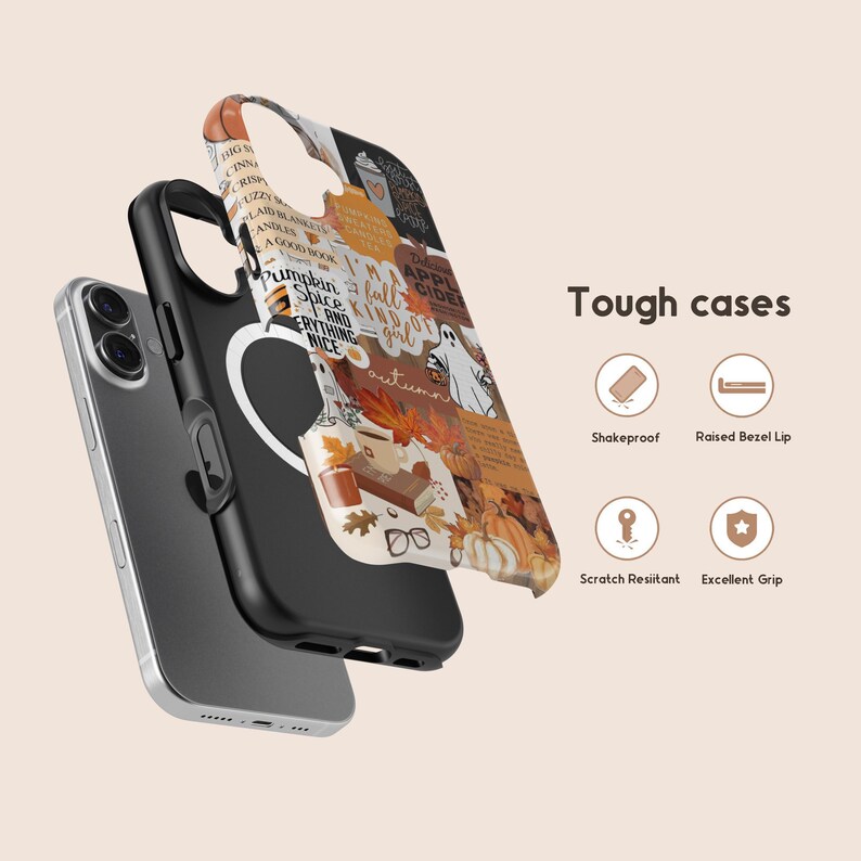 May include: A black phone case with a collage of fall-themed images, including pumpkins, leaves, and text that says "Pumpkin Spice and Everything Nice" and "Fall Kind of Girl". The case is shown with a black phone and has a ring holder.