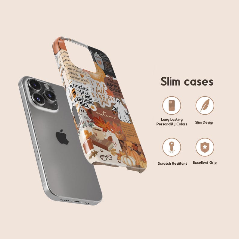 May include: A phone case with a collage of fall-themed images, including pumpkins, leaves, and text that says "I'm a fall kind of girl". The case is designed to fit a smartphone and has a slim profile.