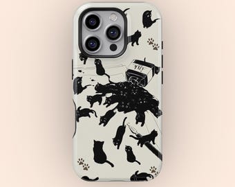 Cute Ink Cat Phone Case, Playful Black Cat Tough Phone Cover for iPhone 17 16 15 14 13 12 11 Pro Max, Samsung Galaxy S25 S24 S23 S22 Ultra