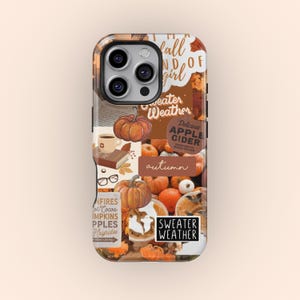 May include: A phone case featuring a collage of autumnal images, including pumpkins, leaves, and the text "Sweater Weather".