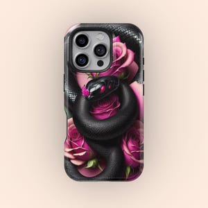 May include: Black phone case featuring a black snake entwined around pink roses. The snake has red eyes and the roses have pink petals.