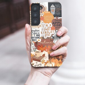 May include: A white phone case with a collage of fall-themed images, including pumpkins, leaves, coffee, and text that says "I'm a fall kind of girl" and "autumn".