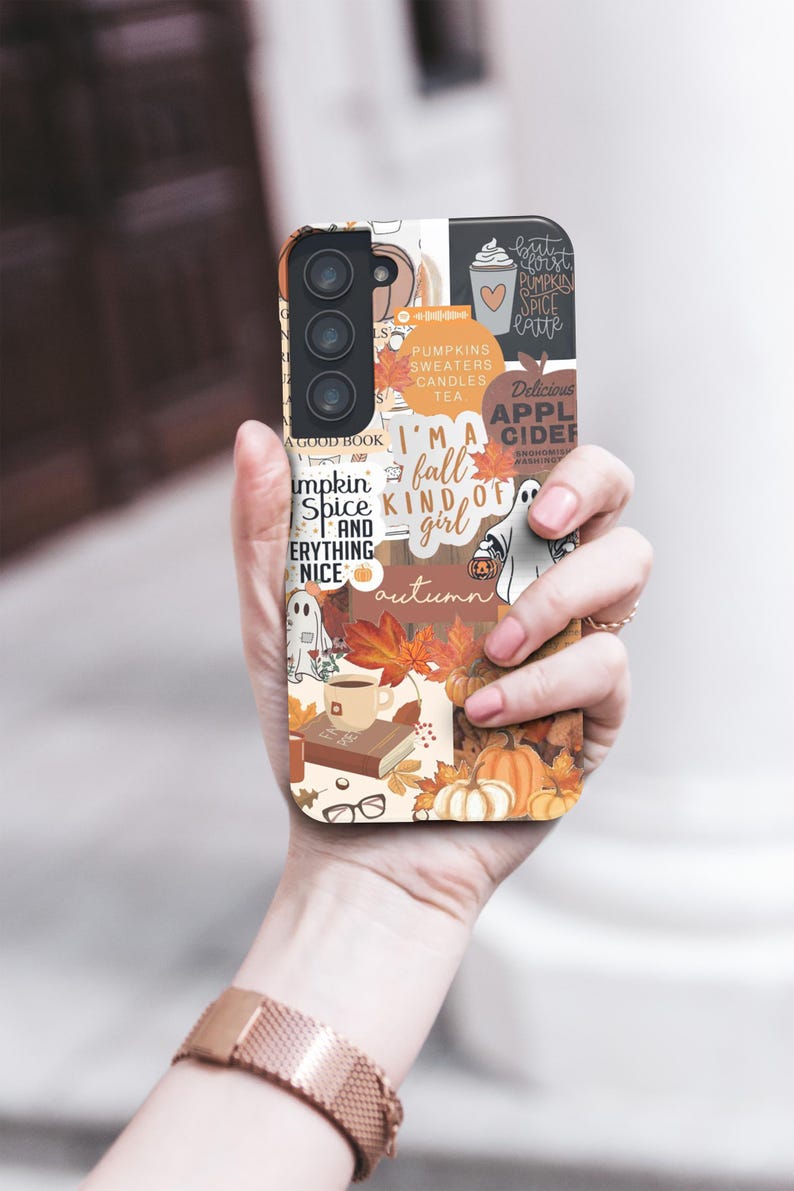 May include: A white phone case with a collage of fall-themed images, including pumpkins, leaves, coffee, and text that says "I'm a fall kind of girl" and "autumn".