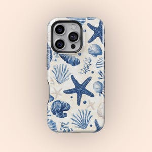 Aquarell Blau Küsten Strand Seesterne und Muscheln Handy Hülle, iPhone 16 15 14 13 12 11 Pro, Samsung Galaxy S25 S24 S23 S22 Ultra