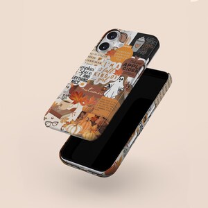 May include: A phone case with a collage of fall-themed images and text, including pumpkins, leaves, coffee cups, and the words "I'm a fall kind of girl" and "pumpkin spice".