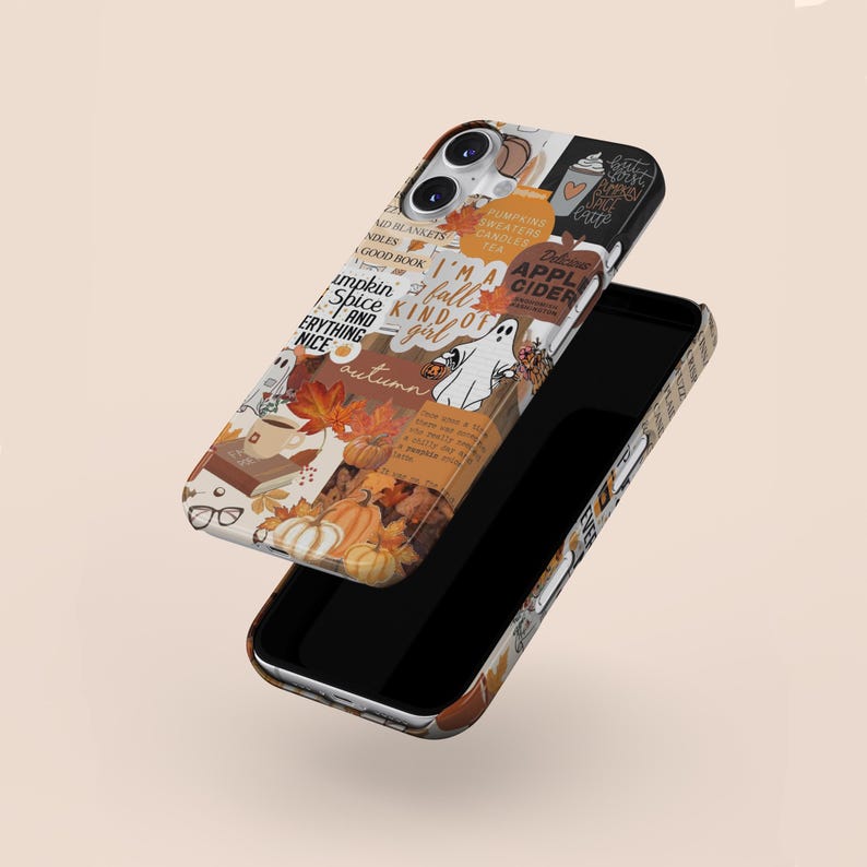 May include: A phone case with a collage of fall-themed images and text, including pumpkins, leaves, coffee cups, and the words "I'm a fall kind of girl" and "pumpkin spice".