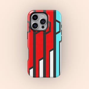 May include: A phone case with a geometric design. The case features a pattern of red, black, white, and light blue vertical lines. The phone case has a glossy finish and a camera cutout.