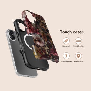 May include: An exploded view of a smartphone with a floral patterned phone case. The case features a design of pink, red, and brown flowers. The text "Tough cases" is displayed with icons indicating features like shake-proof and scratch resistance.