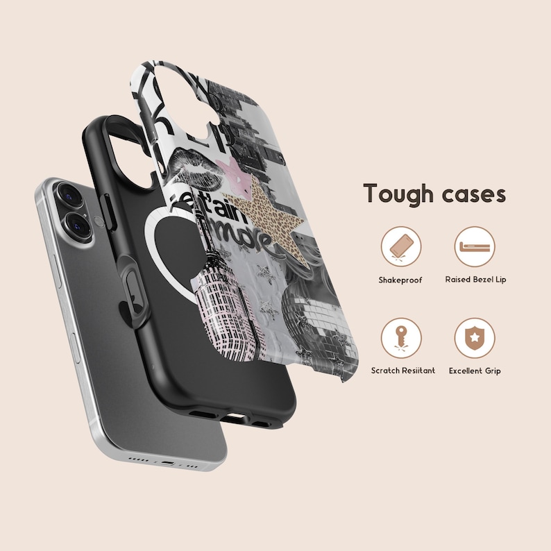 May include: A layered phone case in black and white. The design incorporates a collage of images, including a star, lips, and the text "tain more". The words "Tough cases" are also visible.