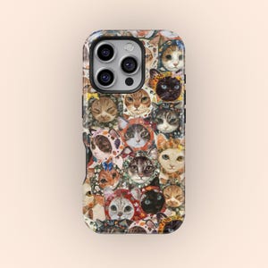 May include: A phone case with a repeating pattern of cat portraits. The cats are wearing bonnets and hats, with a variety of expressions. The case has a glossy finish and a black border.