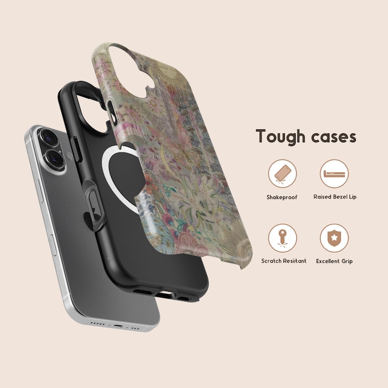 May include: A layered phone case with a floral design in shades of beige, pink, and green. The case is shown in three parts, with the phone visible beneath. The text "Tough cases" is displayed with icons indicating features.