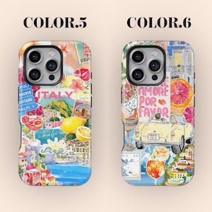 K&ouml;nnte beinhalten: Zwei Handyh&uuml;llen mit farbenfrohen italienischen Designs. Eine H&uuml;lle zeigt das Wort "ITALY" und Bilder von Zitronen und K&uuml;stenst&auml;dten. Die andere H&uuml;lle hat die Worte "AMORE POR FAVOR" und ein gelbes Auto.
