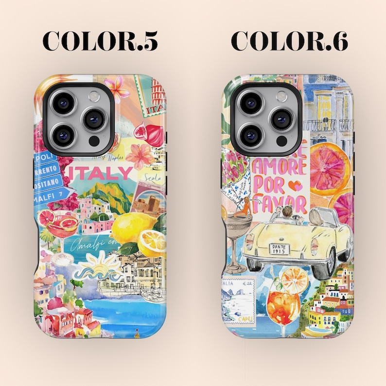 K&ouml;nnte beinhalten: Zwei Handyh&uuml;llen mit farbenfrohen italienischen Designs. Eine H&uuml;lle zeigt das Wort "ITALY" und Bilder von Zitronen und K&uuml;stenst&auml;dten. Die andere H&uuml;lle hat die Worte "AMORE POR FAVOR" und ein gelbes Auto.