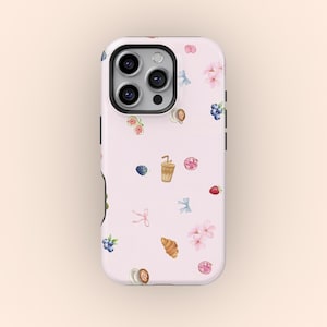 May include: A pink phone case featuring a pattern of watercolour illustrations. The design includes coffee drinks, croissants, berries, flowers, and bows. The case has a camera cutout and black side buttons.