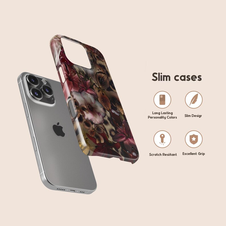 May include: A silver smartphone with a floral patterned phone case. The case features a design with red, brown, and white flowers. The text "Slim cases" is displayed with icons indicating features like scratch resistance and grip.