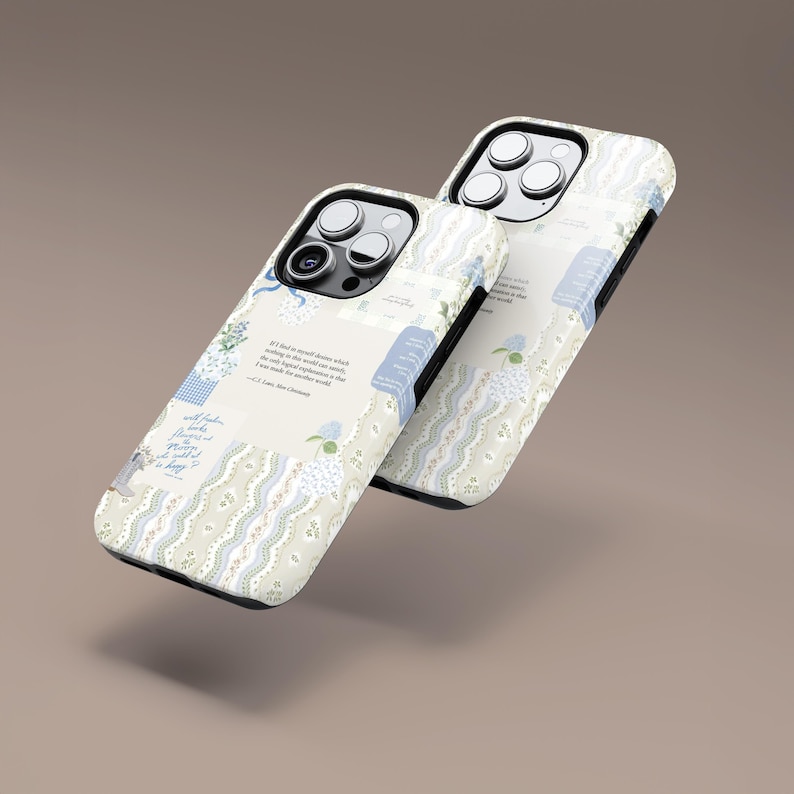 May include: Two white iPhone cases with a blue and white floral pattern. The cases have a quote printed on them. "I find in the second silence which is the silence of the soul, the world is waiting as the dawn is waiting, with a kind of expectant stillness, the most beautiful experience until the world is made new." - C.S. Lewis, Mere Christianity
