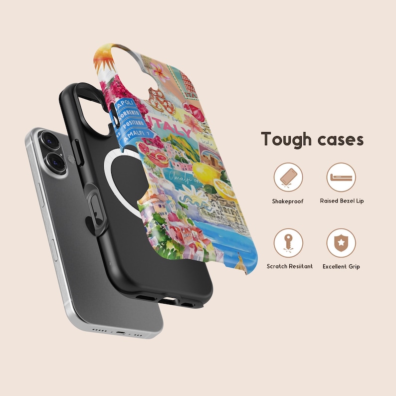 K&ouml;nnte beinhalten: Ein Smartphone mit schwarzem Geh&auml;use und einer farbenfrohen Handyh&uuml;lle mit italienischem Reisemotiv. Die Handyh&uuml;lle tr&auml;gt die Aufschrift "Tough cases" und Symbole f&uuml;r sto&szlig;fest, erh&ouml;hte Blende, kratzfest und hervorragenden Grip.