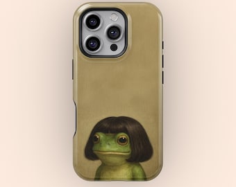 Cute Frog with Bob Haircut Phone Case, Quirky Cartoon Frog Cover for iPhone 17 16 15 14 13 12 11 Pro Max, Samsung Galaxy S25 S24 S23 Ultra