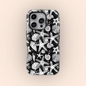 Black Seashell Collage Phone Case, Ocean Vibes, Gift for Beach Lovers, iPhone 16 15 14 13 12 11 Pro Max X XS, Samsung Galaxy S25 S24 S23 S22
