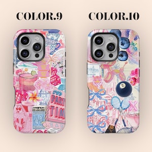 K&ouml;nnte beinhalten: Zwei Handyh&uuml;llen mit farbenfrohen Designs im Collage-Stil. Eine H&uuml;lle zeigt rosa W&uuml;rfel, Blumen und den Text "It's Party Time". Die andere H&uuml;lle hat einen Tiger, Luftballons und eine blaue Billardkugel.
