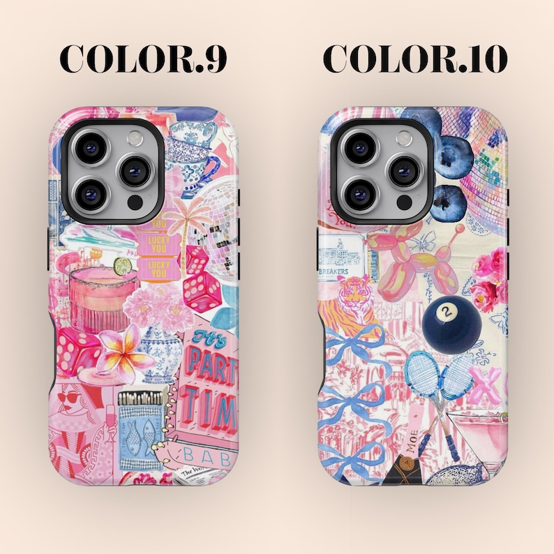 K&ouml;nnte beinhalten: Zwei Handyh&uuml;llen mit farbenfrohen Designs im Collage-Stil. Eine H&uuml;lle zeigt rosa W&uuml;rfel, Blumen und den Text "It's Party Time". Die andere H&uuml;lle hat einen Tiger, Luftballons und eine blaue Billardkugel.