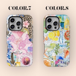 K&ouml;nnte beinhalten: Zwei Handyh&uuml;llen mit farbenfrohen Designs. Eine zeigt einen rosa Cocktail, Leopardenmuster und eine Discokugel. Die andere hat Zitronen, Pizza und das Zitat "Die Erde hat Musik f&uuml;r diejenigen, die zuh&ouml;ren."