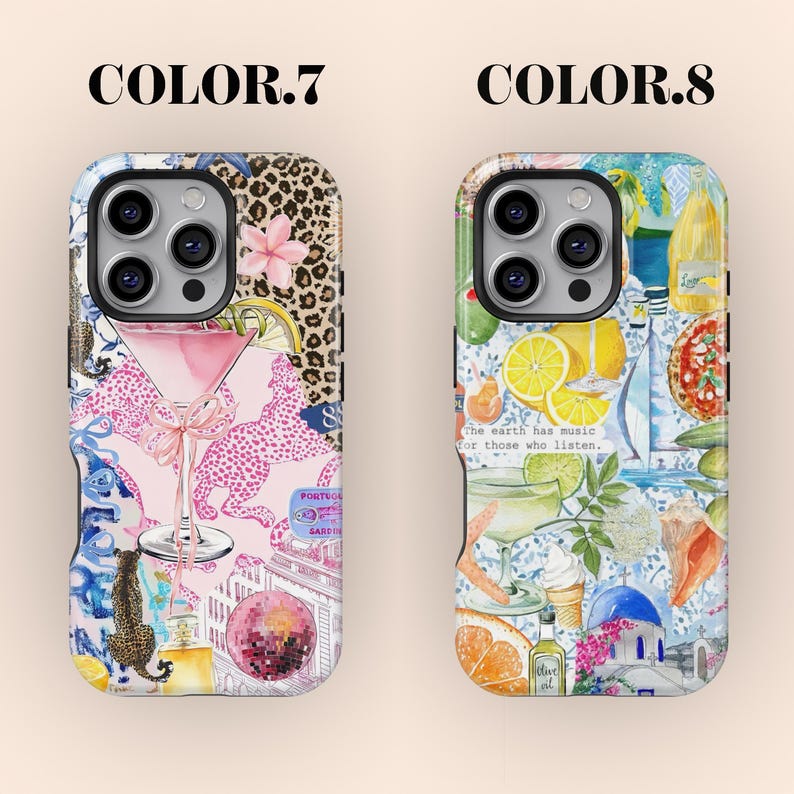 K&ouml;nnte beinhalten: Zwei Handyh&uuml;llen mit farbenfrohen Designs. Eine zeigt einen rosa Cocktail, Leopardenmuster und eine Discokugel. Die andere hat Zitronen, Pizza und das Zitat "Die Erde hat Musik f&uuml;r diejenigen, die zuh&ouml;ren."