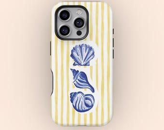 Striped Coastal Seashell Phone Case, Beachy Tropical Aesthetic Phone Case, iPhone 16 15 14 13 12 11 Pro Max, Samsung S25 S24 S23 S22 Ultra