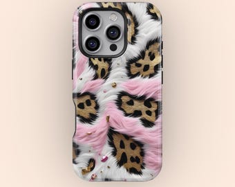 Rosa leopardfodral för mobilen, djurtryck med fuskpälsdesign, glamoröst gulligt telefonfodral för iPhone 17 16 15 14 13 12 11 Pro Max, Samsung S25 S24 S23
