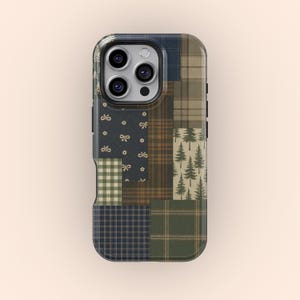 Rustikt vintage-plädigt telefonskal med skogs- och quiltdesign för iPhone 17 16 15 14 13 12 11 Pro Max, Samsung S25 S24 S23 S22
