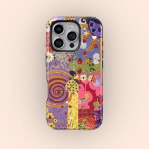 May include: A colorful phone case with a patchwork design featuring ladybugs, flowers, and abstract shapes. The case has a glossy finish and a variety of colors, including purple, pink, yellow, and green. The case is designed to fit a smartphone.