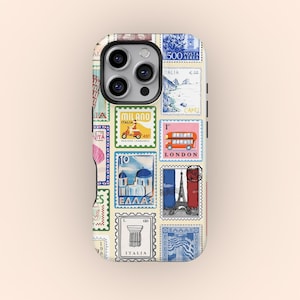 May include: A phone case featuring a collage of colorful postage stamps. The stamps depict landmarks like the Eiffel Tower, a London double-decker bus, and Italian scenes. The case has a cream-colored background.