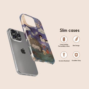 May include: A silver smartphone with a decorative phone case featuring a whimsical illustration in shades of blue, purple, and beige. The case is labeled "Slim cases" and includes icons for features like scratch resistance and grip.